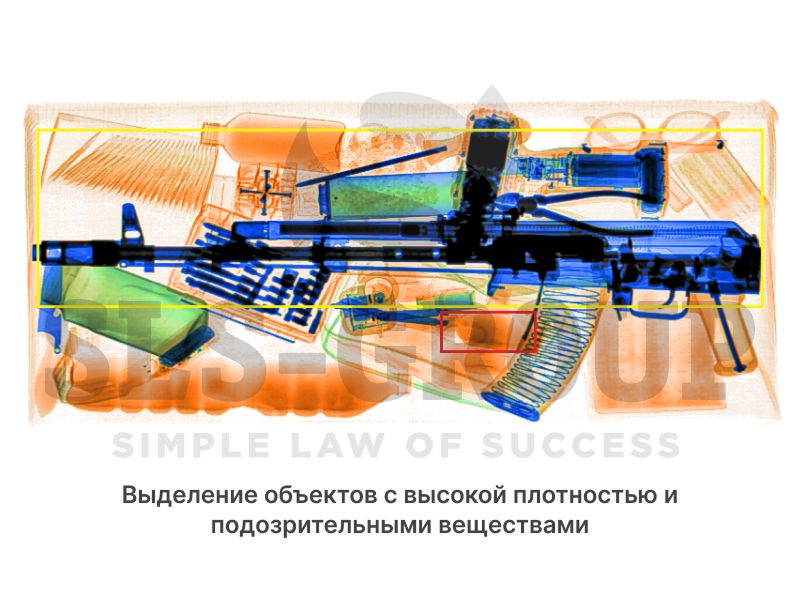 Подозрительные зоны и потенциально опасные предметы дополнительно выделяются при проверке через интроскоп